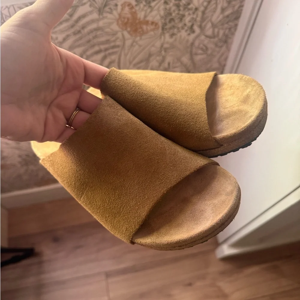 Papillio Suede Wedge Slide Sandals in Camel Brown